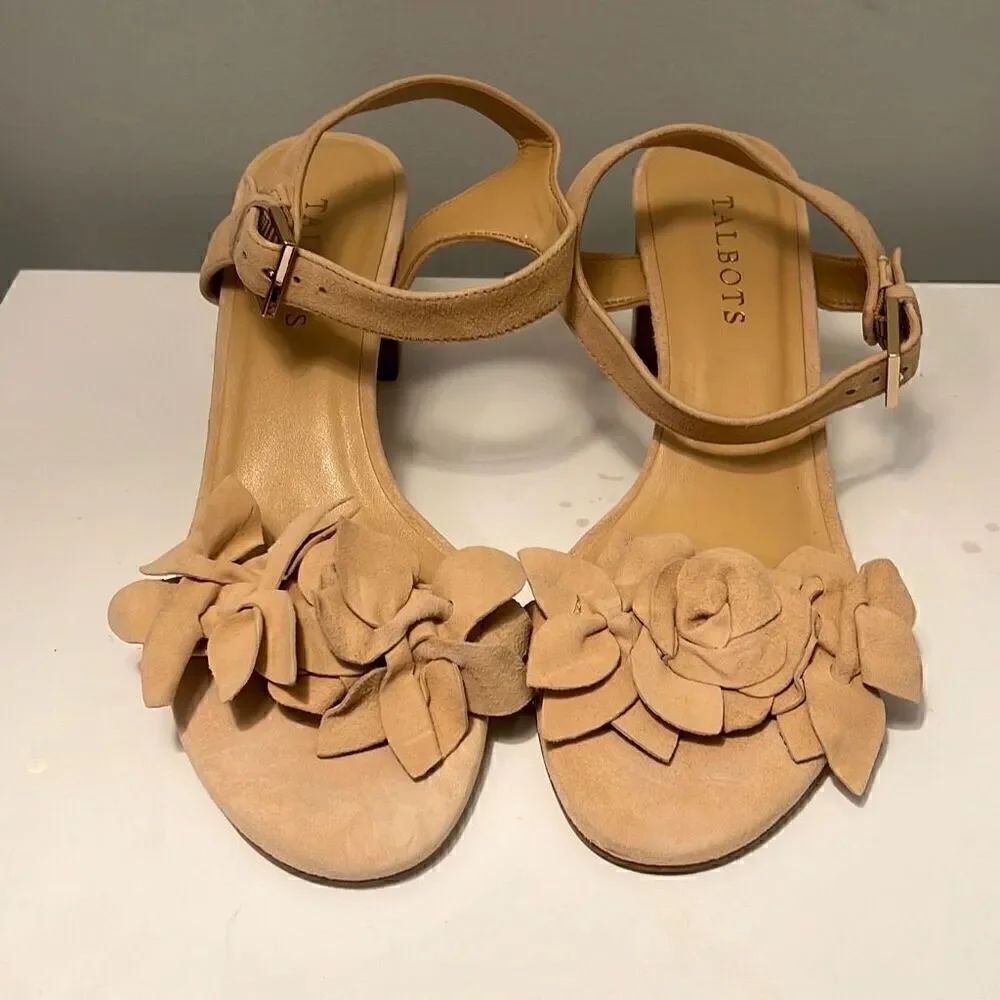 Talbots Women's Blush Tan Strappy Flower Buckle Heel Sandals Size 6.5